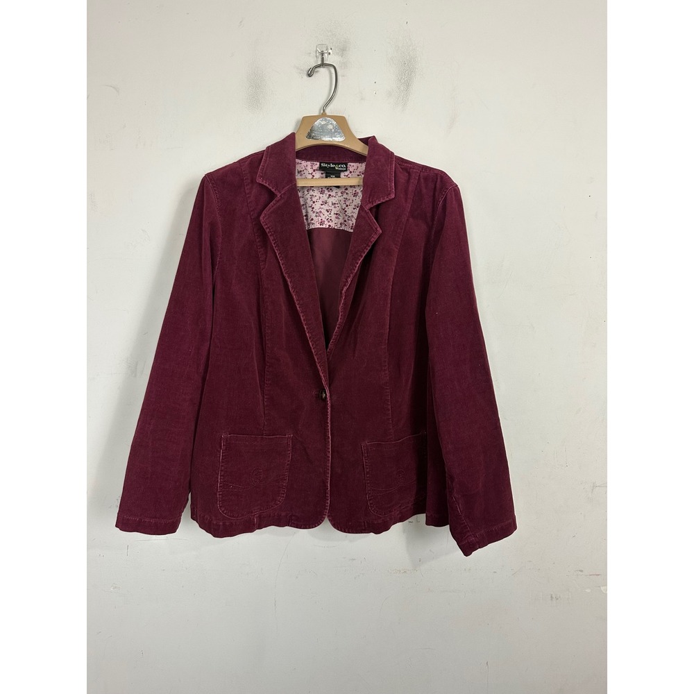 Style & Co Woman Burgundy Corduroy Blazer Jacket Size 18W Floral Lining Pocket